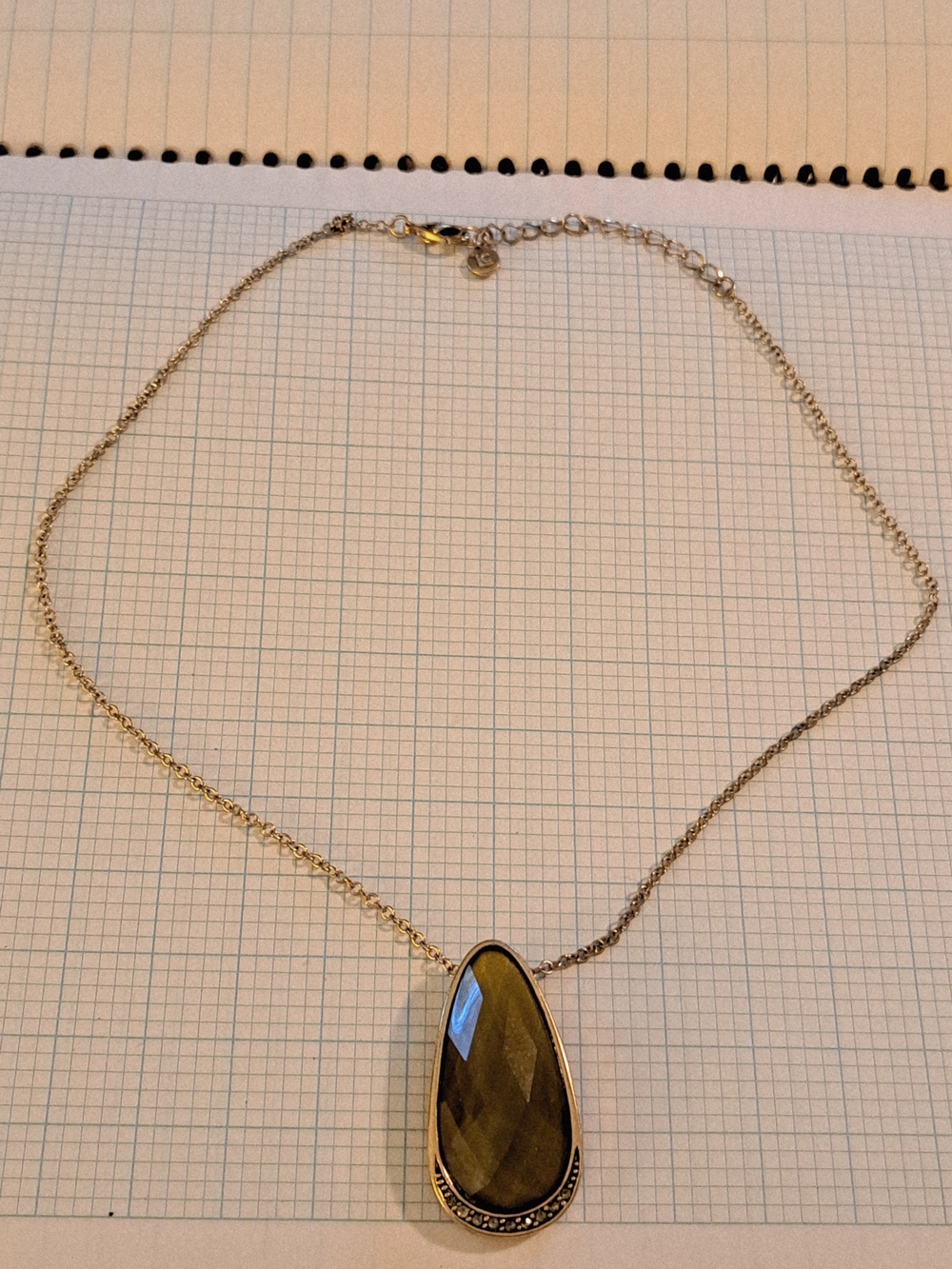 Liz Claiborne Gold-Tone Teardrop Olive Green Stone Pendant Necklace - Picture 2 of 7